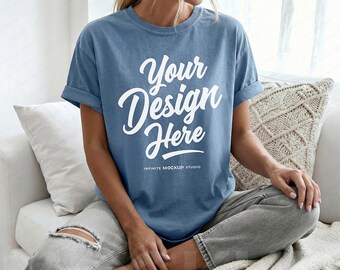 Comfort Colors 1717 Blue Jean T-Shirt Mockup | CC1717 Oversized Blue Jean Shirt Mock-up | Cozy Trendy Lifestyle Tee