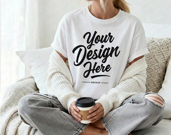 Comfort Colors 1717 White T-Shirt Front Mockup | CC1717 Oversized White Shirt Mock-up | Cozy Coffee Trending Boho Lifestyle