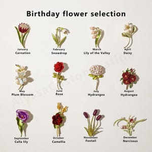 Puede incluir: Una colecci&oacute;n de doce broches de flores de metal con el t&iacute;tulo Birthday flower selection, que incluye el clavel de enero, la campanilla de febrero, el lirio de los valles de marzo, la margarita de abril, la flor de ciruelo de mayo, la rosa de junio, la hortensia de julio, la hortensia de agosto, el lirio de cala de septiembre, la camelia de octubre, la cola de zorro de noviembre y el narciso de diciembre.