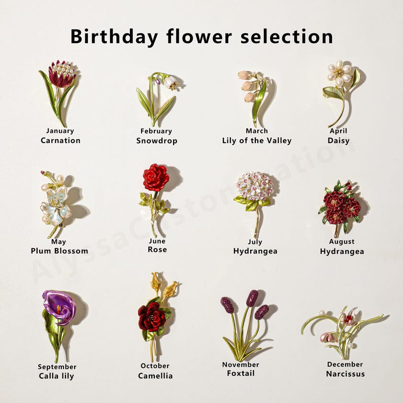 Puede incluir: Una colecci&oacute;n de doce broches de flores de metal con el t&iacute;tulo Birthday flower selection, que incluye el clavel de enero, la campanilla de febrero, el lirio de los valles de marzo, la margarita de abril, la flor de ciruelo de mayo, la rosa de junio, la hortensia de julio, la hortensia de agosto, el lirio de cala de septiembre, la camelia de octubre, la cola de zorro de noviembre y el narciso de diciembre.