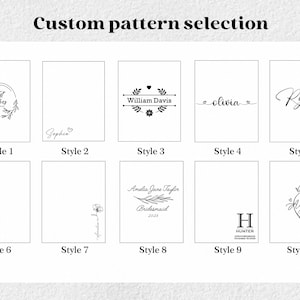 Puede incluir: Una tabla de selecci&oacute;n de patrones personalizados con diez opciones de dise&ntilde;o gr&aacute;fico en blanco y negro, etiquetadas del Style 1 al Style 10. Cada recuadro rectangular muestra tipograf&iacute;a &uacute;nica, motivos florales y nombres como Sophia, William Davis y Rylan.