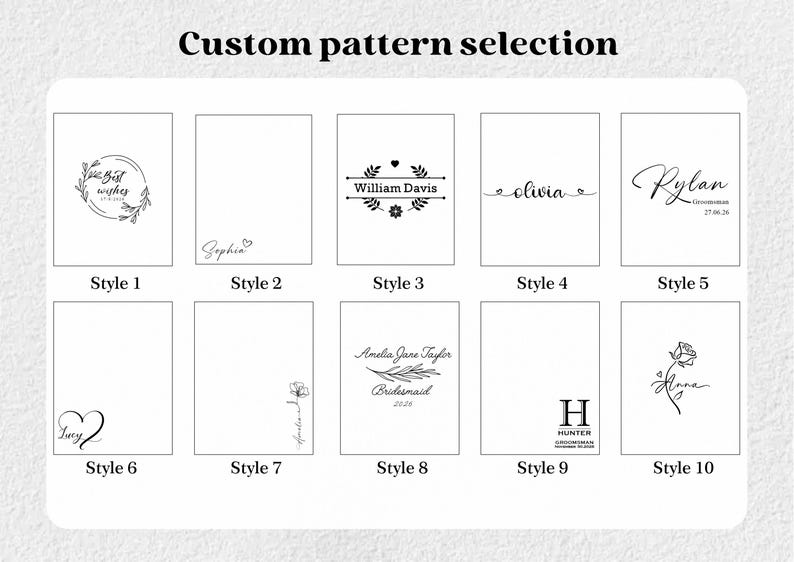 Puede incluir: Una tabla de selecci&oacute;n de patrones personalizados con diez opciones de dise&ntilde;o gr&aacute;fico en blanco y negro, etiquetadas del Style 1 al Style 10. Cada recuadro rectangular muestra tipograf&iacute;a &uacute;nica, motivos florales y nombres como Sophia, William Davis y Rylan.