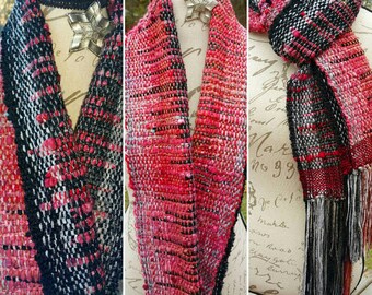 Gems and Ore:  hand-dyed-spun-woven. Smoky dark grey & gems options. Warm art-to-wear gifts  Saori weaving Soft scarf All-season wear silk