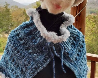 Victorian Blues Capelet Shawl wrap shawlette original Eve Starr knits, faux fur trim shawlette winter all ages hand washable no wool fluffy