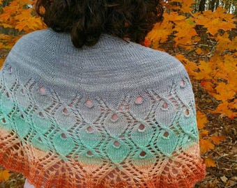 Shield Maiden Shawlette hand knit, hand dyed art yarn. Rustic pure merino and silk in gradients of grey, aqua, peach. Year round wear