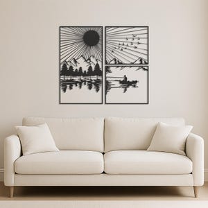 Arte de pared de metal con lago de montaña, decoración de cabaña de pesca, juego de paneles rústicos con vista al lago, colgante de pared de metal con escena natural para sala de estar, regalo