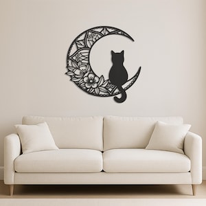 Moon Cat Metal Wall Art, Floral Crescent Moon With Sitting Cat Design, Mystical Animal Wall Decor For Bedroom, Gift For Cat Lovers, Wall Art