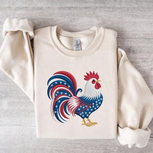 Patriotic Rooster Embroidery File – 4th of July American Farm Chicken Stitch Design – USA Red White Blue Machine Embroidery in 3 Sizes
