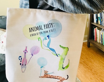 Animal Party Tote Bag - Perfect Size to fit Library Books, Book Cover Design, Animal Alphabet Design