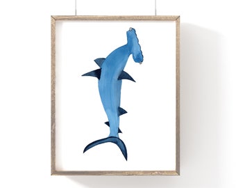 Hammerhead Print, Free Shipping, Watercolor Art Print (three sizes), Nursery Decor, Baby Shower Gift, Kids Room, Wall Art, Sea Life Decor