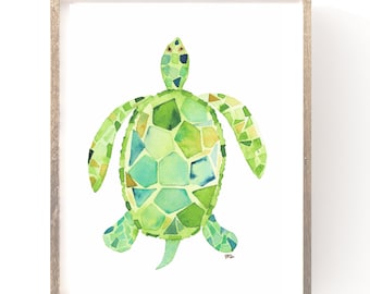 Sea Turtle, Free Shipping, Watercolor Art Print, Shades of Green, Sea Life Nursery Decor, Baby Shower Gift, Kids Room,  5x7 and 8x10 size