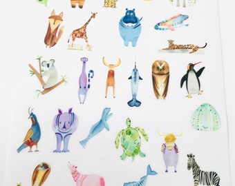 Animal Party Animal Stickers, Vinyl Stickers, 8.5 x 11 sheet of 26 animals from alligator to zebra, dingo, narwhal, iguana, lemur and yak