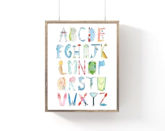 Alphabet Print Ocean Theme, 13x19, 12x16 or 8x10, Free Shipping, Nursery Print, Preschool, Watercolor, Baby Shower Gift, Nursery Wall Art