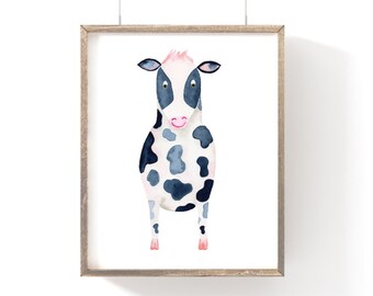 Cow Print, Free Shipping, Three Sizes, Watercolor Art Print, Farm Theme Nursery Decor, Baby Shower Gift, Kids Room, Nursery Wall Art