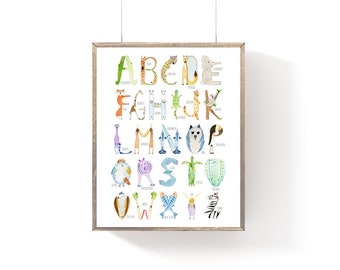 NEW, Alphabet Print, Animal ABCs, 3 Sizes, Free Shipping, Nursery Print, Preschool, Watercolor, Baby Shower Gift, Nursery Wall Art