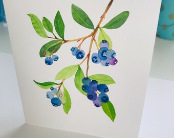 Blueberry Plant Cards, Summer, Colorful, Watercolor, Blank Inside, Shades of Blue, Green