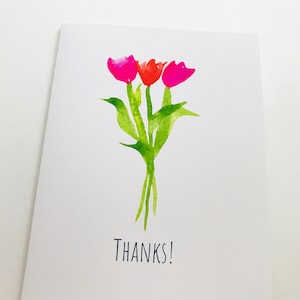 Carte de note « Merci » tulipes, été, coloré, aquarelle, intérieur blanc, rose, rouge vert