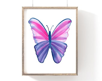 Pink Butterfly, Free Shipping, Watercolor Art Print, Magical Nursery, Baby Shower Gift, Kids Room, Garden Decor, Flowers, Nature, Colorful