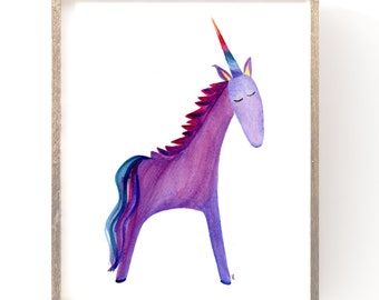 Purple Unicorn, Free Shipping, Watercolor Art Print, Magical Nursery, Baby Shower Gift, Kids Room, Three sizes, Fantasy, Imaginative, Color