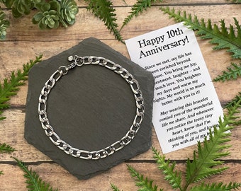 10 Year Anniversary Gift for Husband • Men’s Hidden Heart Bracelet • Non-Tarnish 6mm Chain • Includes Meaningful Message and Gift Box