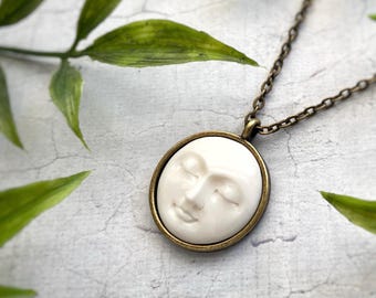 Moon Necklace – Carved Bone Moon Face Pendant in Antique Bronze Setting - With Gift Box & Bow - Serenity Moon