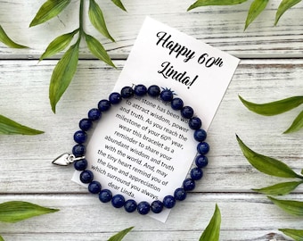 Personalized Name 60th Birthday Gift for Her - Lapis Lazuli Bead Bracelet with Meaningful Custom Message Card & Gift Box
