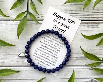 50th Birthday Gift for Sister - Lapis Lazuli Bead Bracelet with Meaningful Message Card & Gift Box