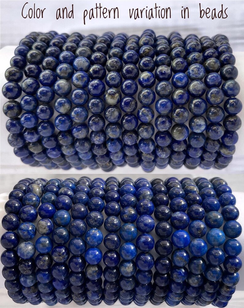 May include: Two stacks of round, dark blue beads with colour and pattern variations. The beads are arranged closely together, creating a textured surface. The text "Color and pattern variation in beads" is at the top of the image.