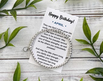 April Birthstone Gift Bracelet – Silver Bead Bracelet with Birthstone Charm - Includes Meaningful Message Card & Gift Box