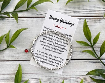 July Birthstone Gift Bracelet – Silver Bead Bracelet with Birthstone Charm - Includes Meaningful Message Card & Gift Box