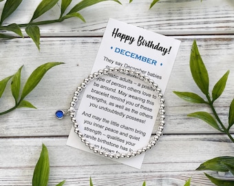 December Birthstone Gift Bracelet – Silver Bead Bracelet with Birthstone Charm - Includes Meaningful Message Card & Gift Box
