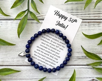 Personalized Name 50th Birthday Gift for Her - Lapis Lazuli Bead Bracelet with Meaningful Custom Message Card & Gift Box