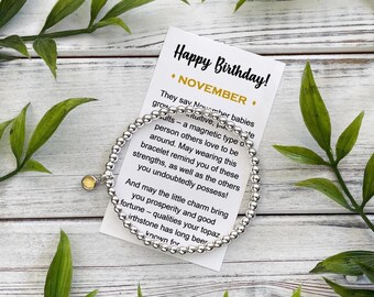November Birthstone Gift Bracelet – Silver Bead Bracelet with Birthstone Charm - Includes Meaningful Message Card & Gift Box