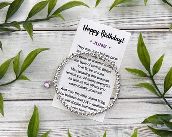 June Birthstone Gift Bracelet – Silver Bead Bracelet with Birthstone Charm - Includes Meaningful Message Card & Gift Box
