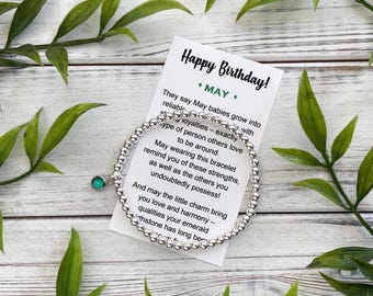May Birthstone Gift Bracelet – Silver Bead Bracelet with Birthstone Charm - Includes Meaningful Message Card & Gift Box