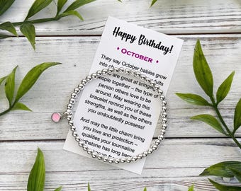 October Birthstone Gift Bracelet – Silver Bead Bracelet with Birthstone Charm - Includes Meaningful Message Card & Gift Box