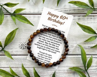60th Birthday Gift for Women - Tiger's Eye Bead Bracelet with Sun Charm, Meaningful Message Card & Gift Box with Bow