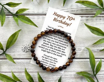 70th Birthday Gift for Women – Tiger's Eye Bead Bracelet with Sun Charm, Meaningful Message Card & Gift Box with Bow