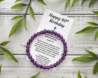 Pulsera con cruz de amatista para el 60 cumpleaños – Regalo para amigos cristianos, incluye tarjeta con versículo bíblico