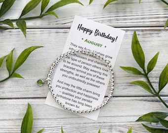 August Birthstone Gift Bracelet – Silver Bead Bracelet with Birthstone Charm - Includes Meaningful Message Card & Gift Box