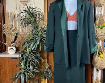 Vintage Christian Dior Wool Skirt Suit Forest Green Blazer Set USA Made 80s 90s Designer Tailored Set Classic Office Wear Timeless Wardrobe