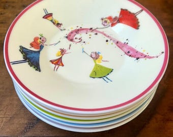 Fairycore Dessert Plates Set of 6 Dancing Fairies Porcelain Tea Party Whimsical Cottagecore Colorful Rim Storybook Magical Tableware Gift