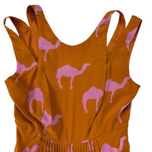 Anthropologie Silk Midi Dress 0 Charlotte Taylor Camel Print Orange Pink Novelty Dress Fit Flare Sleeveless Statement Dress Gift for Her image 10