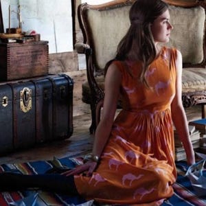 Anthropologie Silk Midi Dress 0 Charlotte Taylor Camel Print Orange Pink Novelty Dress Fit Flare Sleeveless Statement Dress Gift for Her image 3