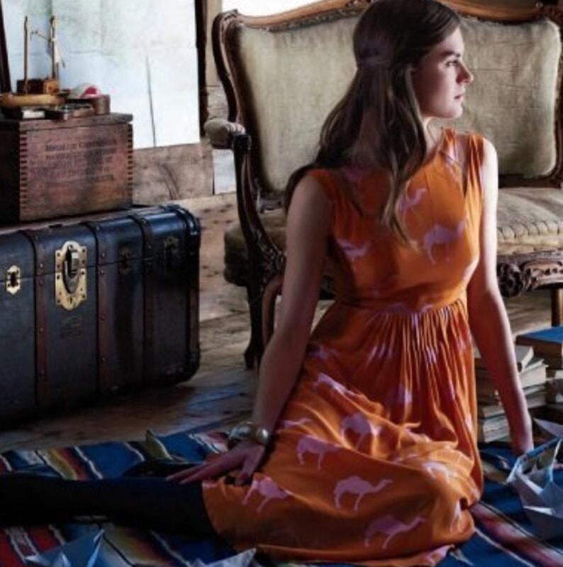 Anthropologie Silk Midi Dress 0 Charlotte Taylor Camel Print Orange Pink Novelty Dress Fit Flare Sleeveless Statement Dress Gift for Her image 3
