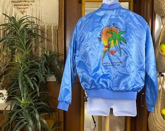 Vintage 90er Jahre Margarita Ville Bomberjacke Herren M Blau Nylon Milwaukee Souvenir Papagei Palme USA Retro Streetwear Layer Tiki Bar Zip