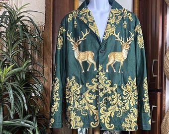 Hirsch Barock Blazer Herren Große Grün Gold Hirsch Jacke Verzierten Blättern Waldland Forestcore Dunkle Academia Weihnachtsfeier Erklärung Sportmantel