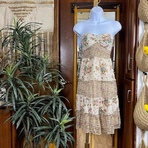 Strapless Smocked Prairie Midi Dress Patchwork Floral Tiered Milkmaid Cottagecore Romantic Sundress Lightweight Summer Outfit Gift For Her