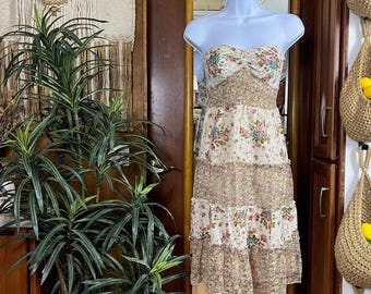 Strapless Smocked Prairie Midi Dress Patchwork Floral Tiered Milkmaid Cottagecore Romantic Sundress Lightweight Summer Outfit Gift For Her