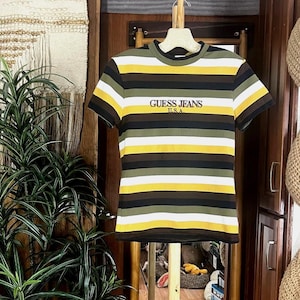 Vintage 90s Guess Jeans USA Striped Tee Shirt Unisex XS | Made in USA Brown Yellow Green Cotton Retro Hip Hop Streetwear T-Shirt Embroidered